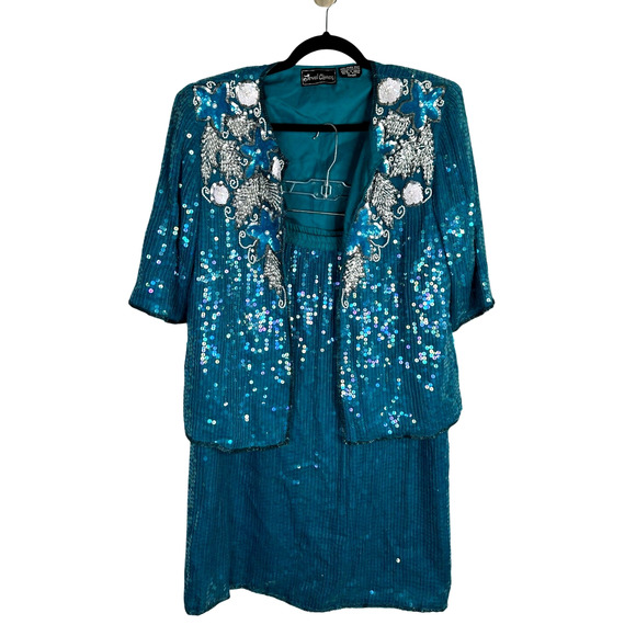 Nordstrom 2-Piece S Beaded SILK Suit SET Sequin Jacket Pull On Skirt Teal Blue - Picture 2 of 12